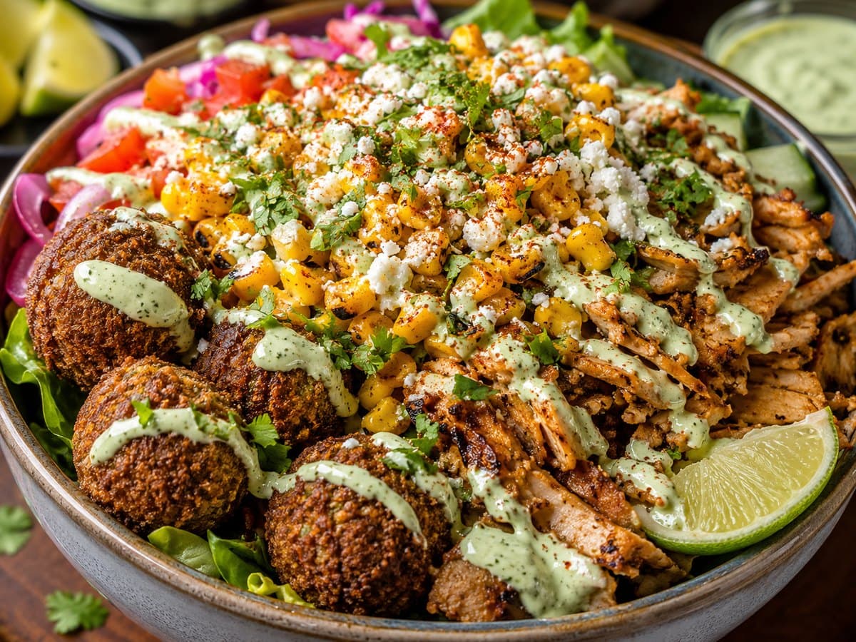 Falafel shawarma bowl topped with Mexican street-corn and lime crema