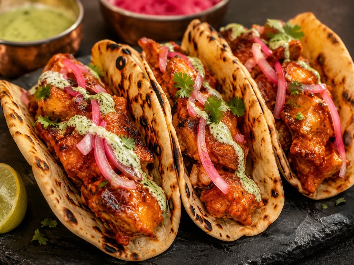 Tacos al pastor fused with Indian butter chicken on naan crisps