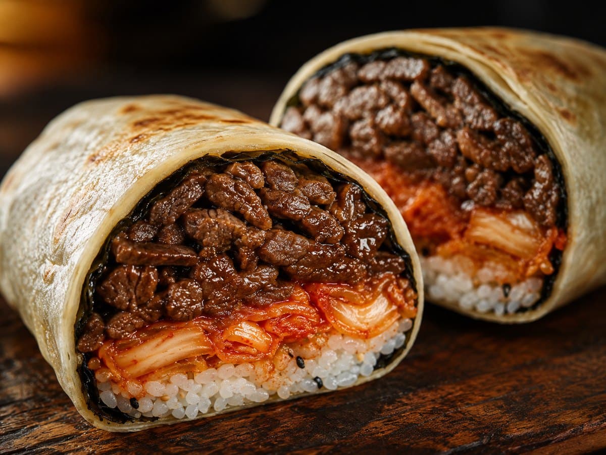 Sushi burrito sliced open showing Korean bulgogi, kimchi, and rice layers