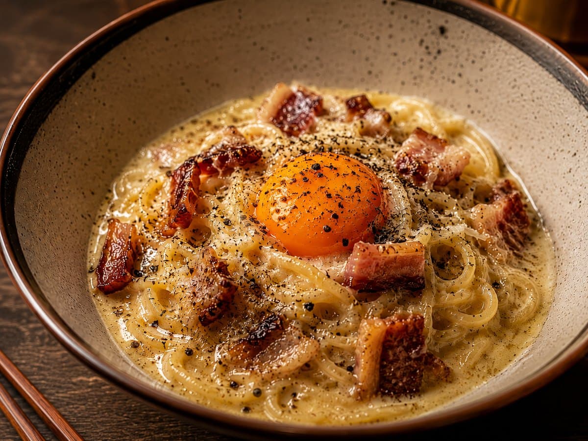 Ramen Carbonara: ramen noodles in carbonara cream with crispy guanciale