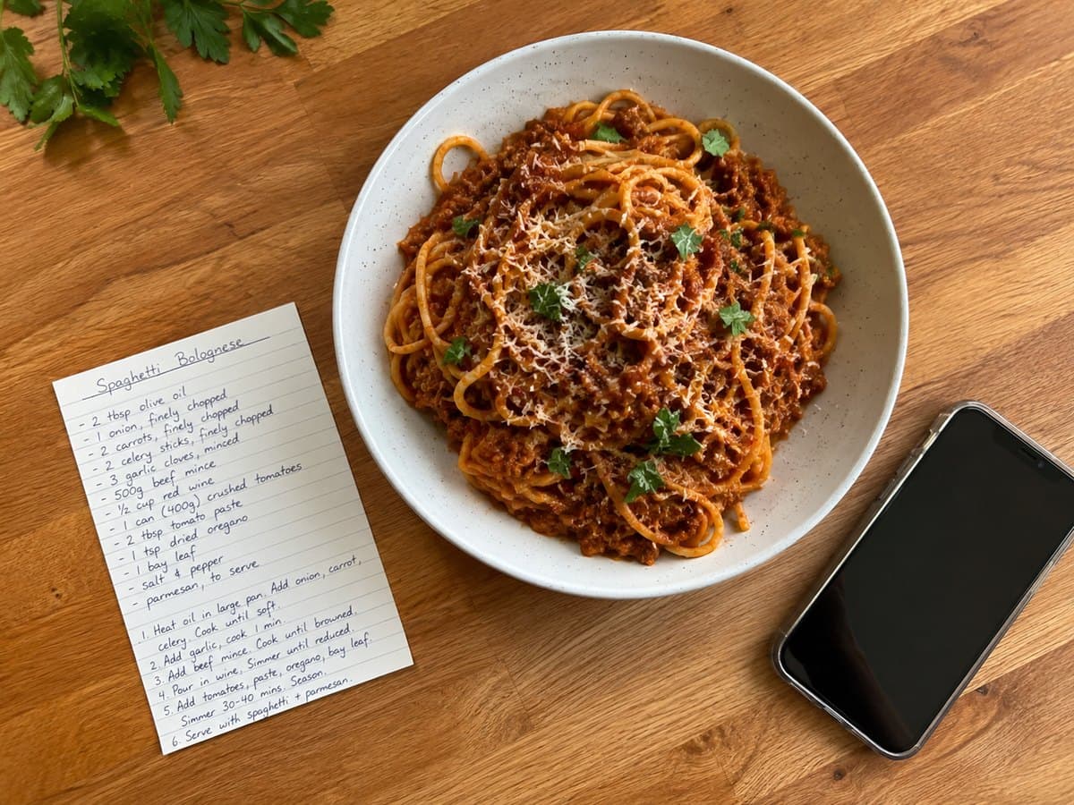 A homemade spaghetti bolognese next to a handwritten recipe card