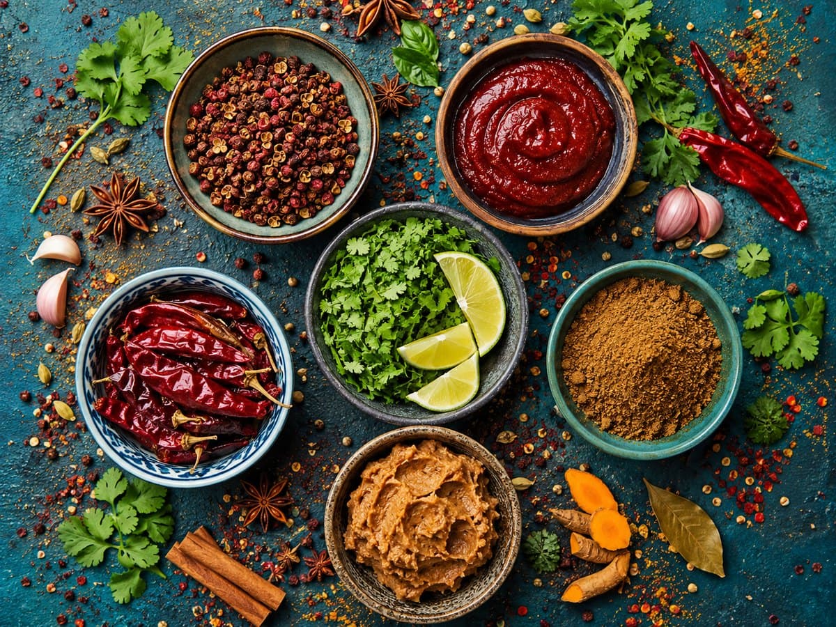 Bowls of world-cuisine spices and ingredients arranged in a circle