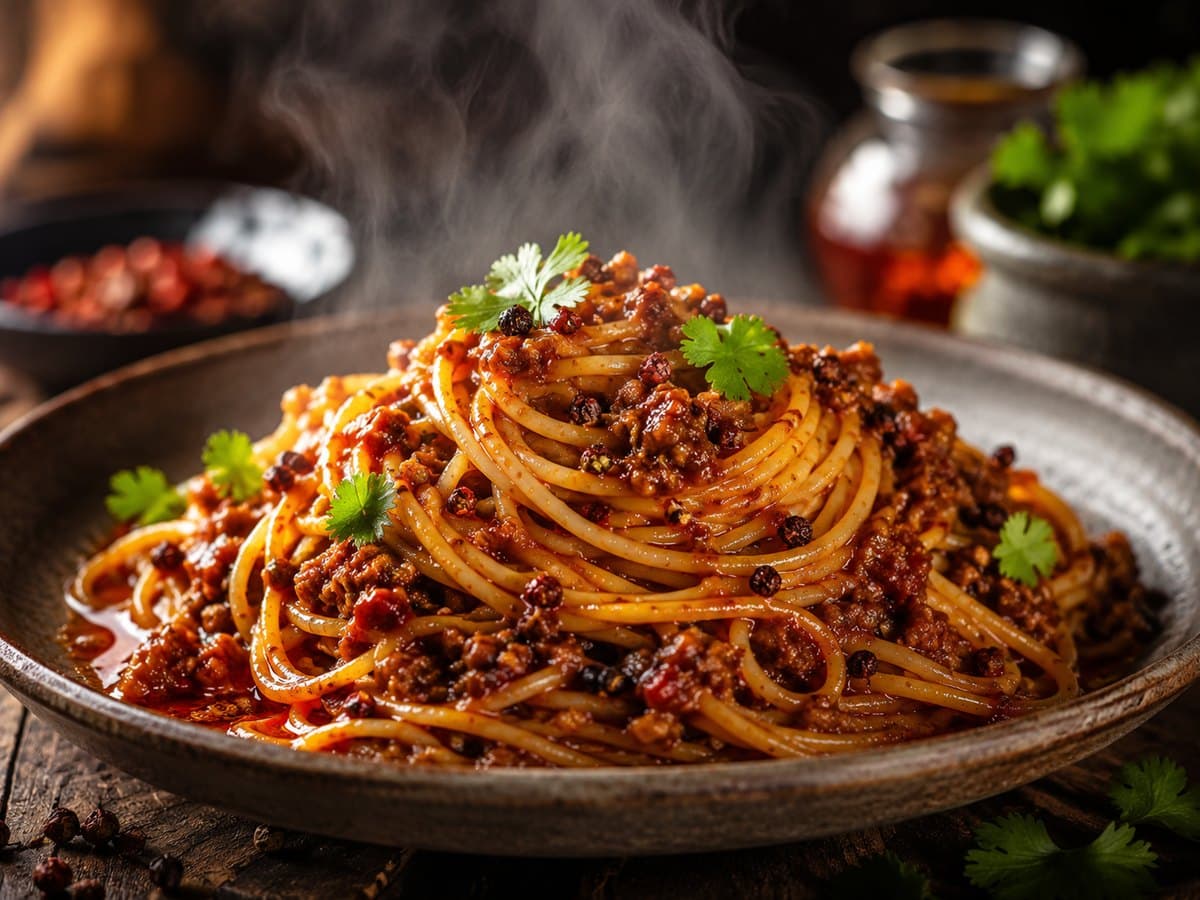 Freshly plated Spaghetti Sichuan Bolognese with chili oil and cilantro