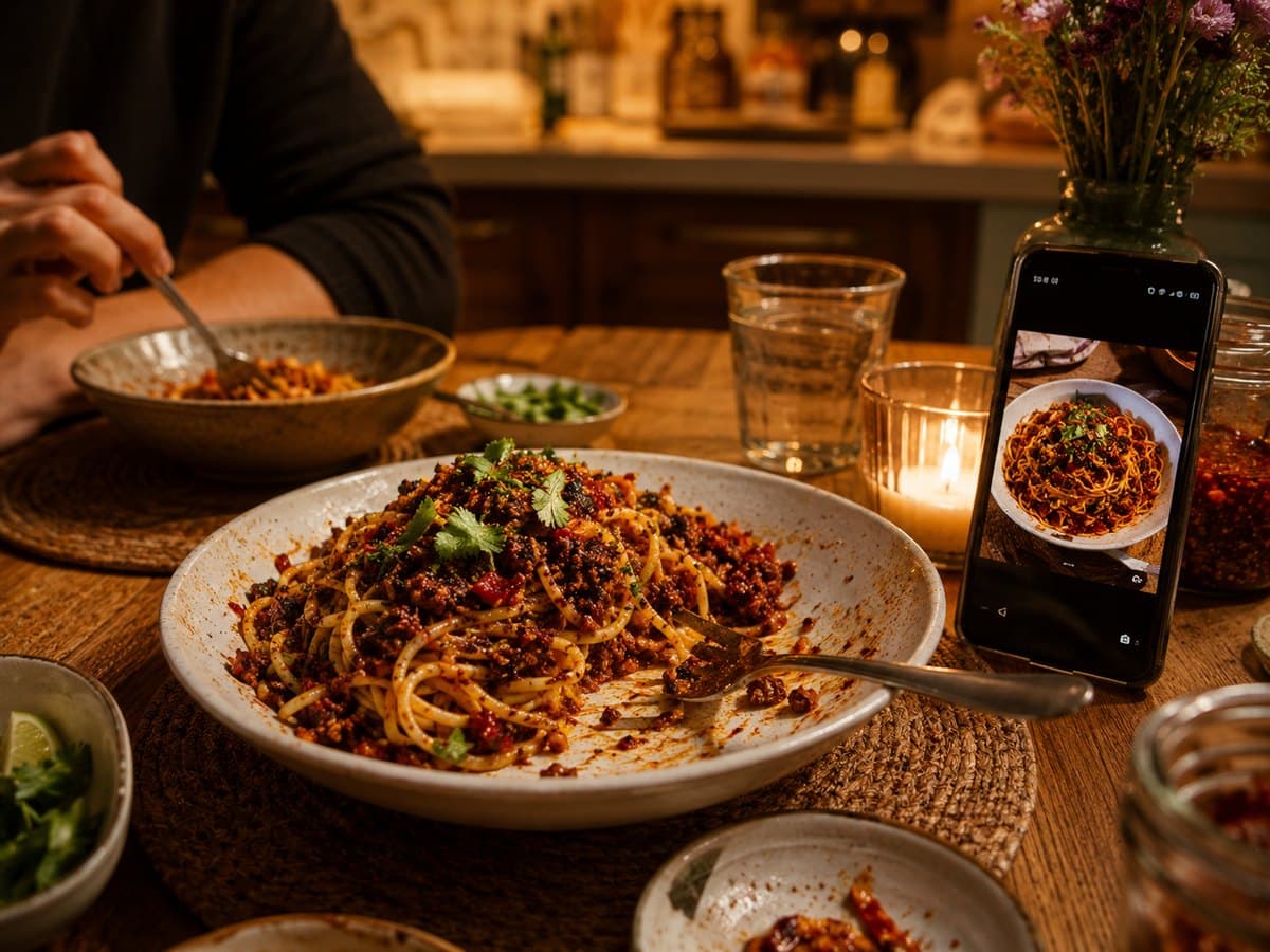 A finished fusion pasta dish beside a phone showing the saved recipe